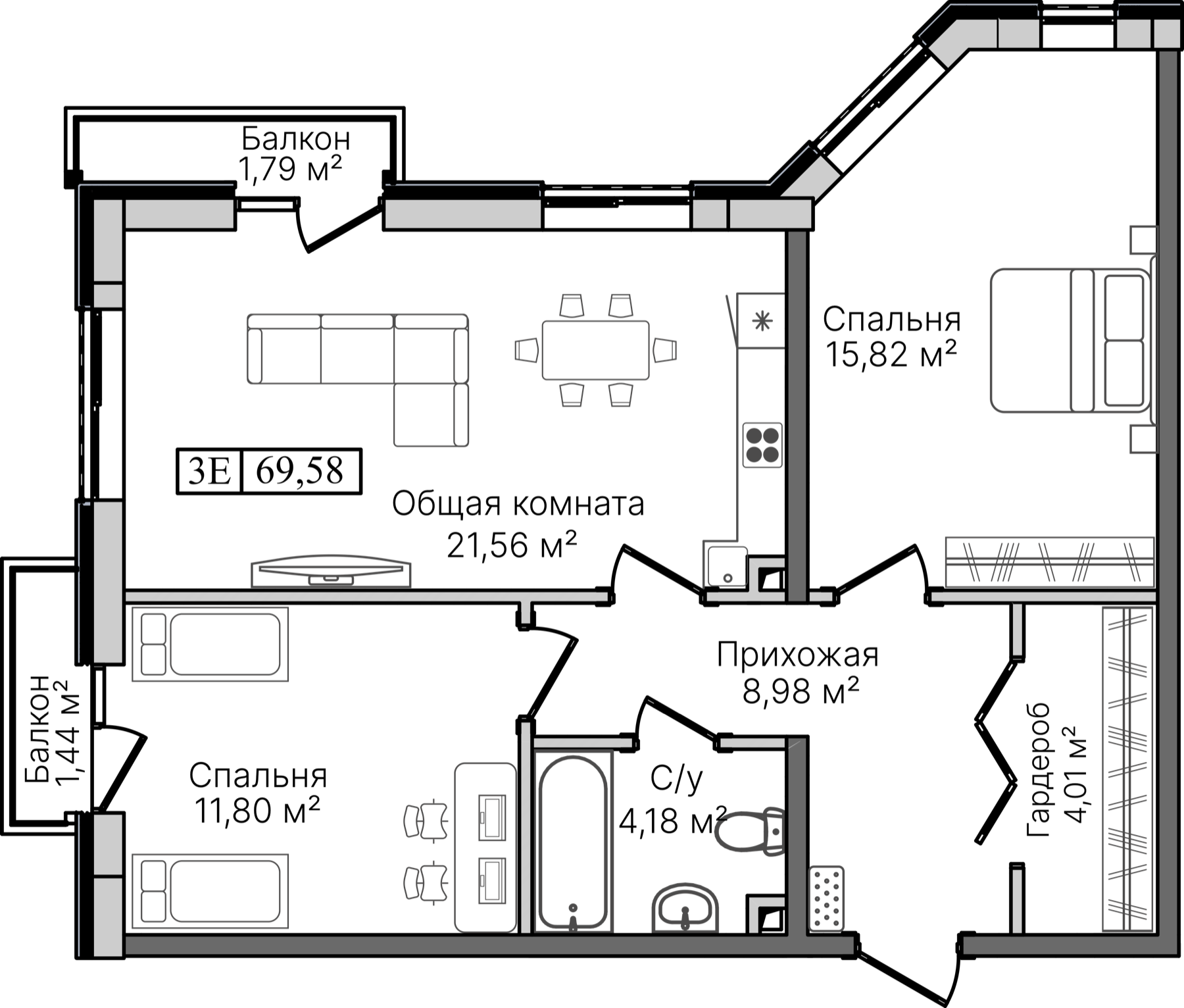 3-комнатная, 69,58 м² — обычная планировка